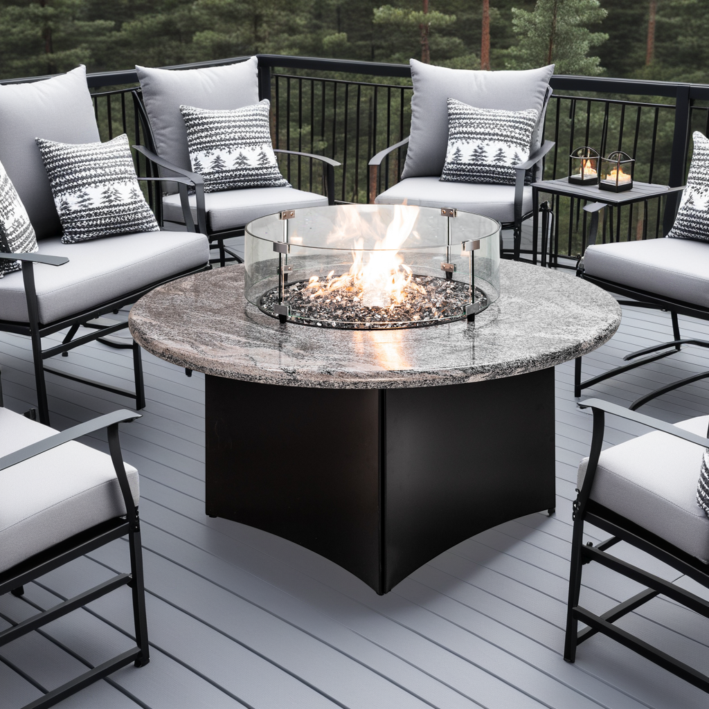 Oriflamme Silver Tiger Granite fire tables photo — Splash City